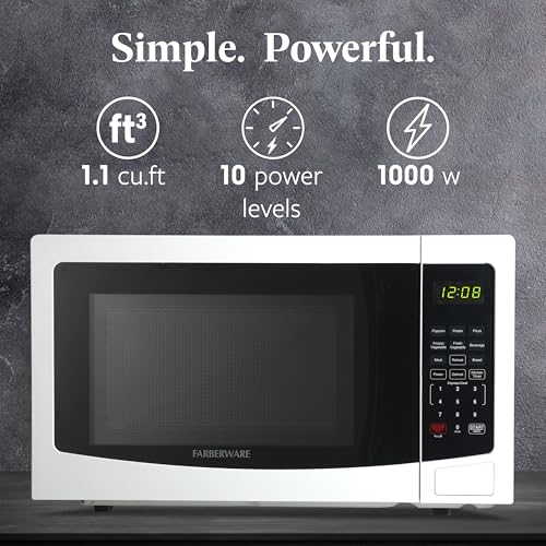 Farberware 1.1 Cu. Ft. Countertop Microwave Oven – 1000 Watts Power, Auto Cook Settings, Defrost, Easy Clean and Child Safety Lock - White