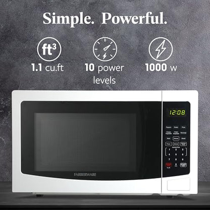 Farberware 1.1 Cu. Ft. Countertop Microwave Oven – 1000 Watts Power, Auto Cook Settings, Defrost, Easy Clean and Child Safety Lock - White