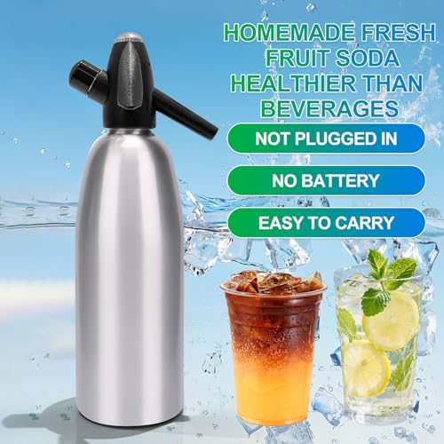 Soda Siphon, 1L Portable Seltzer Maker - Retro-Style Sparkling Water Machine for Homemade Carbonated Drinks, Juices & Cocktails, Uses 8g CO2 Cartridges (Cartridges Not Included) - Silver