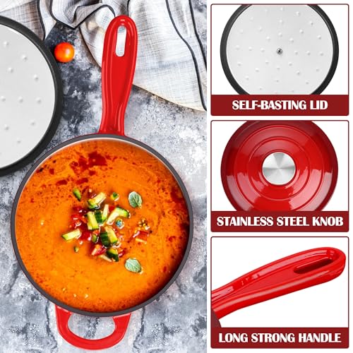 E-far Enameled Cast Iron Sauce Pan, 2 Quart Dutch Oven Saucepan with Lid, Small Sauce Pot for Cooking, Boiling, Healthy & Non Toxic, Induction & Oven Safe, Red