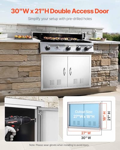 VEVOR Outdoor Kitchen Doors, 30W x 21H Inch, 304 Stainless Steel Double Doors with Vents, BBQ Access Door with 2 Detachable Handles and 6 Hooks, for BBQ Island
