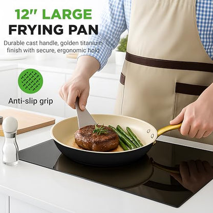 NutriChef 12 Inch Large Ceramic Coated Frying Pan - Non Stick Skillet with Titanium Handle, Omelet Pan Durable, Easy to Clean - Gas, Electric, Ceramic and Induction Compatible Cookware