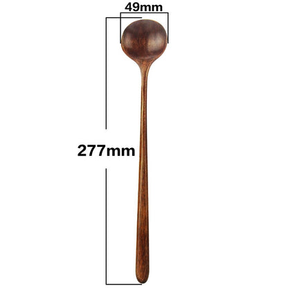 Long Soup Spoons, 1 Pieces Korean Style 11 Inches 100% Natural Wood Long Handle Round Spoons for Soup Mixing Stirrer Kitchen Tools Utensils