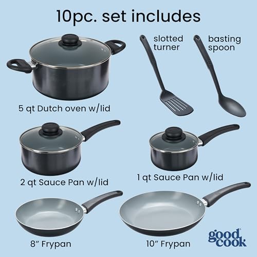 GoodCook Everyday Ceramic Nonstick Cookware Set Includes 8 & 10-Inch Fry Pans 1 & 2-Quart Covered Sauce Pans 4.7-Quart Covered Dutch Oven Turner and Basting Spoon, 10-Piece, Black