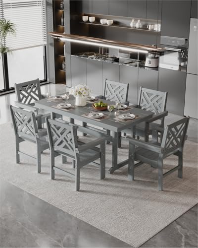 BIVODA 7-Piece Outdoor Dining Set, HDPE All-Weather Patio Table and Chairs Set for 6, Outdoor Patio Furniture Sets with Umbrella Hole for Outside, Deck, Backyard, Garden (Grey)