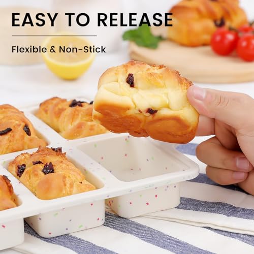 Vinino Silicone Mini Loaf Pans with Metal Reinforced Frame-2 Pack, Non-stick Silicone Bread Pan for Baking 8-Cavity, Tiny Banana Bread Set, Dishwasher Safe Brownie Pan-Cream