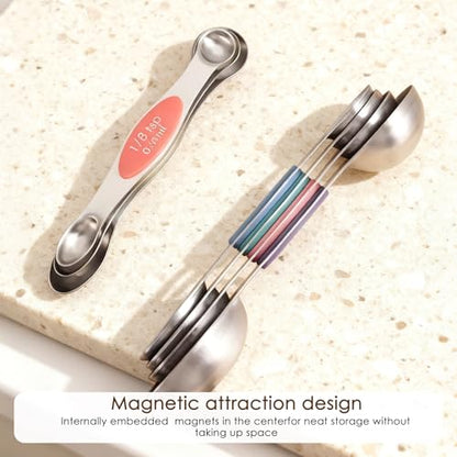 Stainless Steel Magnetic Measuring Spoons Set of 9 with Leveler,Dual Sided, Stackable, Adjustable Teaspoon and Tablespoon, Measuring Liquids and Dry Ingredients, Baking& Cooking Gadgest,Multicolor
