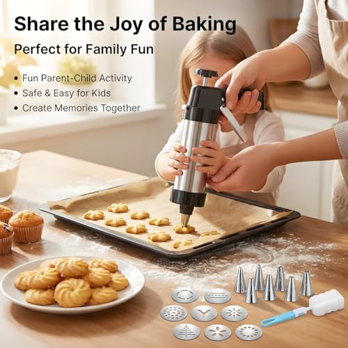 Stainless steel cookie press, cookie press gun set with 13 cookie press plates, a sponge brush and 8 piping nozzles, ideal for DIY Christmas cookies and decorative cookie nozzles, gift for women