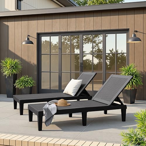 JUMMICO Patio Chaise Lounge Chair Set of 2 Outdoor PE Waterproof Adjustable Easy Assembly Lounge Chairs for Outside Pool Garden Deck Beach (Black, Set of 2)