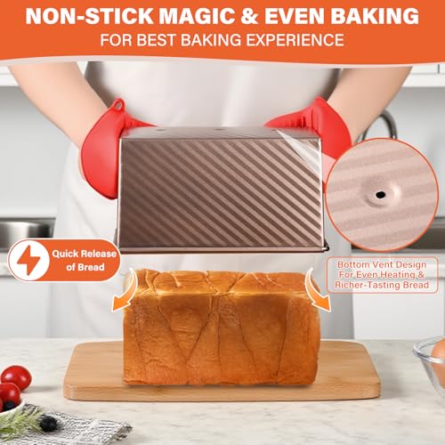 CFGUK 2 Pack Pullman Loaf Pan with Lid, 1 lb/0.5 lb Dough Capacity for Homemade Bread, Non-stick Corrugated Carbon Steel Bread Toast Box with Cover for Bakeware, Sandwich & Toast Oven Baking, Gold