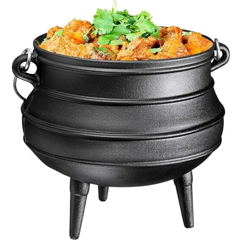 Bruntmor 12 Quart Cast Iron Dutch Oven Cauldron Pot - Camping Cookware with Lid - Pre-Seasoned Heavy-Duty Potjie for Stews, Soups, Braising, and Frying Over Fire Pit Grill or Camp Stove - Black