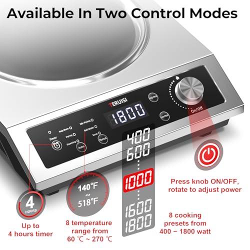 TERUISI Commercial Induction Cooktop, 1800W Electric Wok Cooker with Concave Surface, 4H Timer, 6 Preset, 8 Temp Levels, Portable Induction Burner for Kitchen Cooking, 12.6" Carbon Steel Wok Included