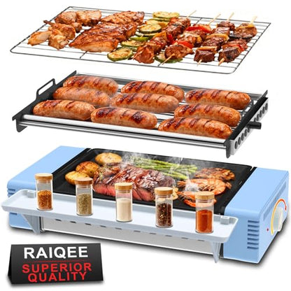 3-in-1 Electric Grill with Hot Dog Roller, Portable Indoor Outdoor BBQ Grill, Griddle and Sausage Roller Machine with Removable Non-Stick Plate & Drip Tray, for Tailgate, Camping, RV, Home Kitchen