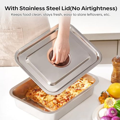 Lasagna Pan with Lid, 10.4x14x2.7 Inch Large Stainless Steel Nonstick Lasagna Baking Roasting Dishes Pan for Oven(M, 1 Pack)