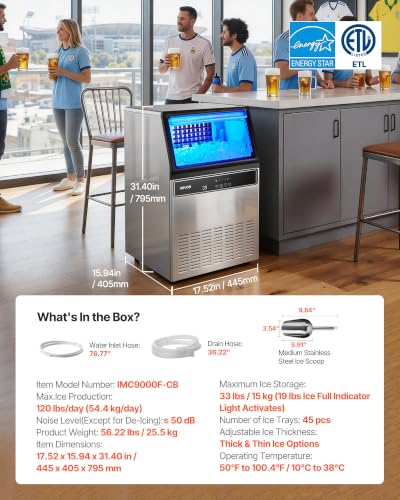 VEVOR Commercial Ice Maker Machine, 120 lbs/24H Ice Production, 19-33 lbs Storage Bin, 45 Cubes per Cycle, Stainless Steel Under Counter & Freestanding Ice Maker with LED Display, Self-Cleaning