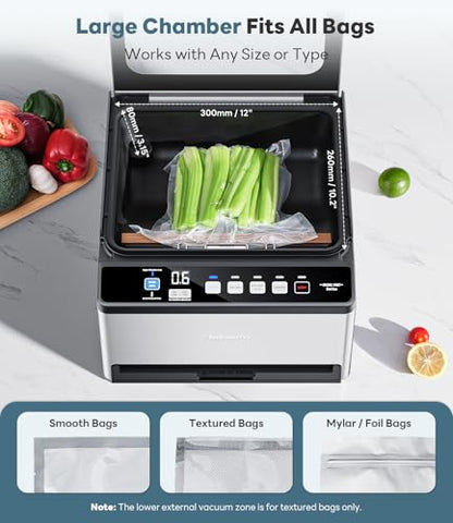 DualCore CVS101 Large Chamber Vacuum Sealer for Wet Foods, Dual Work Areas & Extra-Wide Bag Clamp, Meats & Marinades, 230W Dual-Core Dry Pump x4, 11.8-inch Max Bag Width Packing Machine for Home Use
