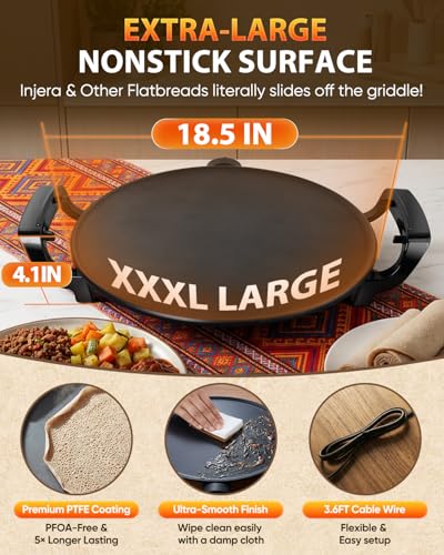 Ethiopian 18.5" Injera Maker Mitad (Mogogo), Electric Griddle with Adjustable Temperature & Time, Non-Stick Surface for Norwegian Lefse, Swedish Pancake, Indian Dosa, Digital Handle