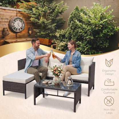 OMNIBERG 5 Piece Outdoor Sectional Patio Furniture Sets, All Weather Outdoor Wicker Rattan Patio Conversation Set, Patio Seating Sofas with Cushions, Lumbar Pillows and Tempered Glass Table