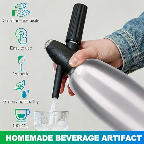 Soda Siphon, 1L Portable Seltzer Maker - Retro-Style Sparkling Water Machine for Homemade Carbonated Drinks, Juices & Cocktails, Uses 8g CO2 Cartridges (Cartridges Not Included) - Silver