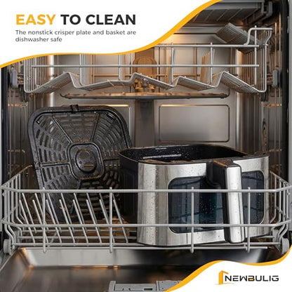 NEWBULIG Air Fryer 6.34QT Airfryer with Visible Window 400℉ Fast Heating Stainless Steel Air Fryers Oven with Nonstick and Dishwasher-Safe Basket 8-in-1 Cooking Preset with Timer Auto-Off