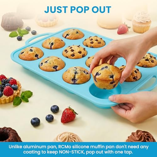 RCMo 2Pack Silicone Muffin Pan for Baking with Metal Reinforced Frame, 12 Cup Regular Size Cupcake Pan, BPA Free Silicone Muffin Tray, Cupcake Baking Pan Molds for Oven Dishwasher Safe - Blue