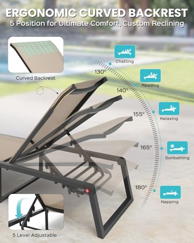 Oasbira Aluminum Chaise Lounge Chair Outdoor, Foldable & No Assembly Patio Pool Lounge Chairs 5-Position Recliner for Outside Poolside, Fully Grounded Legs Sun Lounger for Beach, Yard, Khaki