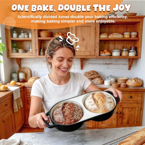 Mini Double Dutch Oven for Sourdough Bread Baking, Enamelled Cast Iron Bread Pan with Lid, Double Round Loaf Space, 16.5cm Diameter, Mini Double Dutch Oven for Homemade Baking (Black)