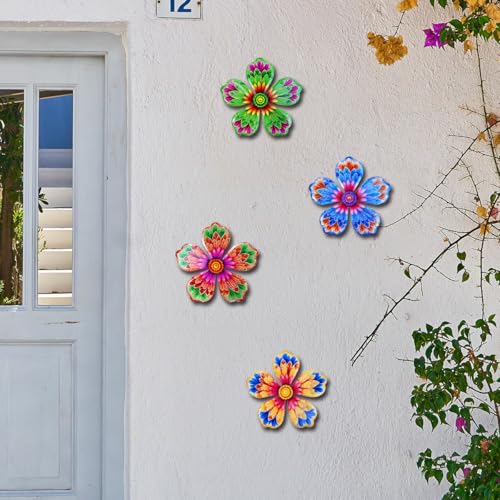Giyyomtr Metal Flowers Wall Decor - 4pcs 6.2'' Metal Wall Art Hanging Decorations for Outdoor Fence Garden Yard Patio Exterior Wall Decor