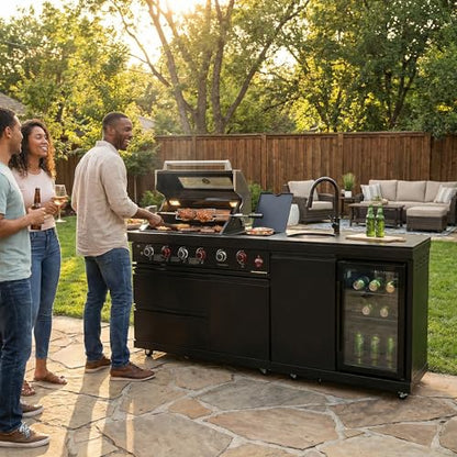 84 Inches Outdoor Kitchen Island, 5-Burner 75300 BTU Propane Stainless Steel BBQ with Side Burner, Refrigerator and Sink, Rotisserie, Granite Countertops, Storage for Backyard BBQ (Black)