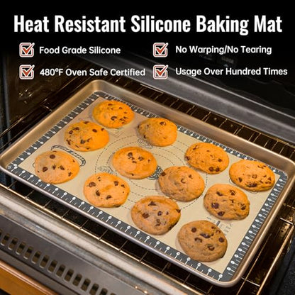 Silicone Baking Mat with 10 Quick Recipes, Extra Thick Silicone Mats for Baking, Non Stick Pastry Mat,Reusable kneading Dough Rolling Mat for Cookie, Macaron, Bread, Pizza-Tutorial Video Included