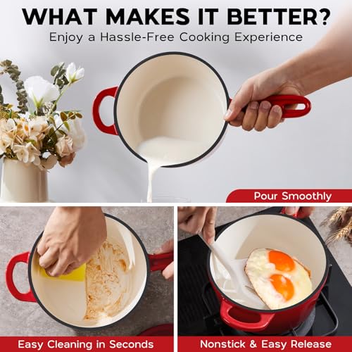 Onader 2QT Saucepan with Lid, Enameled Cast Iron Sauce Pan Pot, Small Dutch Oven Cooking Kitchen Pot, Nonstick & Heavy Duty – Red