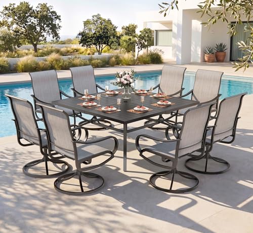 PHI VILLA 9 Piece Outdoor Patio Dining Set, Large Square Metal Dining Table and 8 Outdoor Swivel Dining Chairs, Patio Table and Gray Chair Furniture Dining Set for 8 Person