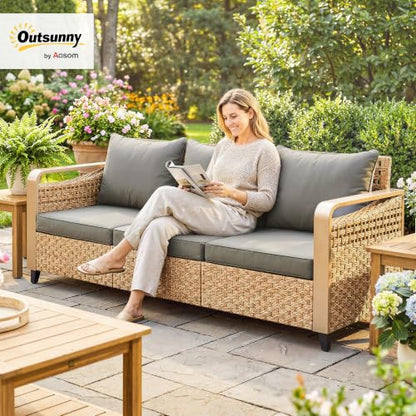 Outsunny Outdoor Patio Couch Wide Deep Seat 3 Seater Wicker Gray