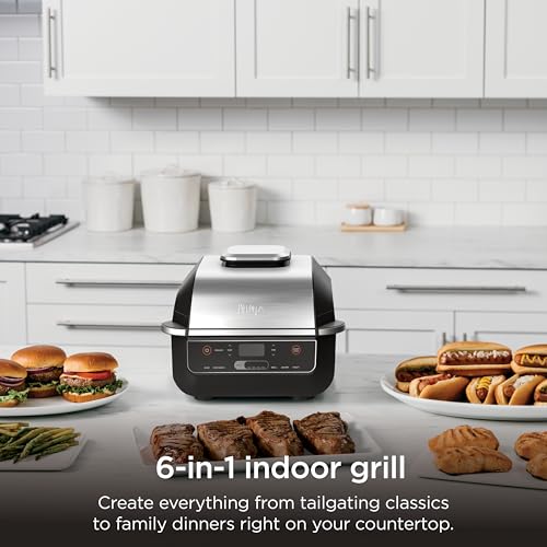 Ninja EG201 Foodi 6-in-1 Indoor Grill with Air Fry, Roast, Bake, Broil, & Dehydrate, 2nd Generation, Dishwasher Safe, Black/Silver