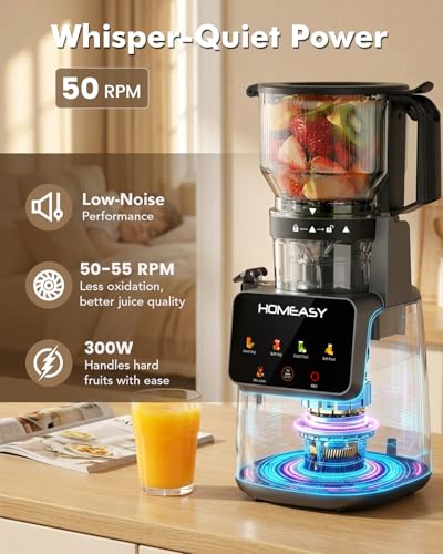 HOMEASY Cold Press Juicer Machines, 5.8'' Large Feed Chute for Whole Fruits and Vegetables, 300W Slow Masticating Juicer, High Juice Yield, 5 Smart Modes, Easy to Clean