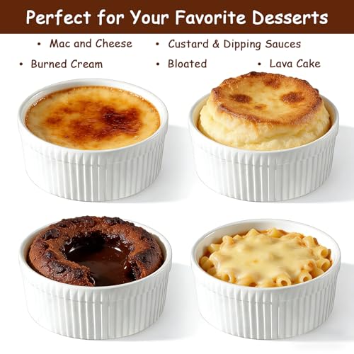 Cinf White 10 oz Set of 4 Souffle Dishes Ramekins Oven Microwave Safe Bowls Creme Brulee Sauce Cups for Baking Cooking Porcelain Individual Serving Size for Desserts