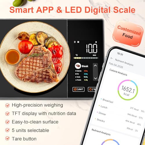 Smart Kitchen Food Scale with Nutritional Calculator, Calories, Fat, Carbs & Protein Tracker, Digital Kitchen Scale for 9999+ Foods, Healthy Diet, Food Preload, Personal Goals, Free App, 11 lb-01