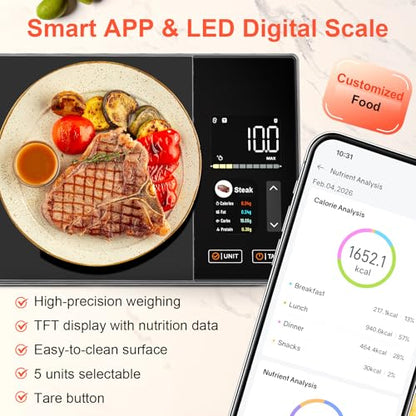 Smart Kitchen Food Scale with Nutritional Calculator, Calories, Fat, Carbs & Protein Tracker, Digital Kitchen Scale for 9999+ Foods, Healthy Diet, Food Preload, Personal Goals, Free App, 11 lb-01