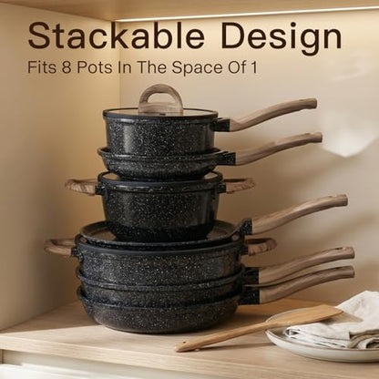 USELUCK Pots and Pans Set Nonstick 22 Pcs, Ceramic cookware set Non-Toxic Coating Inky Granite Kitchen Cookware Set, Induction Kitchen Cooking Set w/Frying Pans & Glass Lids, PFOS & PFOA Free