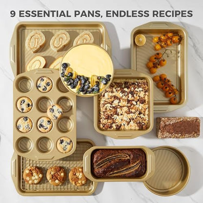 HONGBAKE 9-Piece Nonstick Bakeware Set, Wave Texture for Easy Release, 0.8mm Thick Non-Toxic Baking Pans Set, Includes Stackable Cookie Sheets, Antique Gold