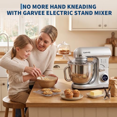Garvee 5.3 QT Tilt-Head Stand Mixer, 500W Motor, 8-Speed Electric Kitchen Mixer with Stainless Steel Bowl, Dough Hook, Flat Beater & Wire Whisk for Bread Dough, Cake, Cookies & Pizza, Silver