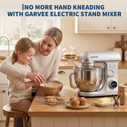 Garvee 5.3 QT Tilt-Head Stand Mixer, 500W Motor, 8-Speed Electric Kitchen Mixer with Stainless Steel Bowl, Dough Hook, Flat Beater & Wire Whisk for Bread Dough, Cake, Cookies & Pizza, Silver