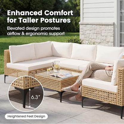 Devoko Patio Furniture Set,7 Pieces Outdoor Wicker Sectional Couch with Thick Cushions &Glass Tabletop, PE Rattan Backyard Conversation Sofa with Coffee Table for Deck, Porch