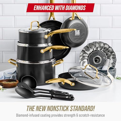 Blue Diamond 14 Piece Induction Nonstick Cookware Set, Diamond Infused PFAS-Free Ceramic Nonstick Pots & Pans, Durable Metal Utensil Safe, Dishwasher Safe, Oven & Broiler to 600F, Black/Gold