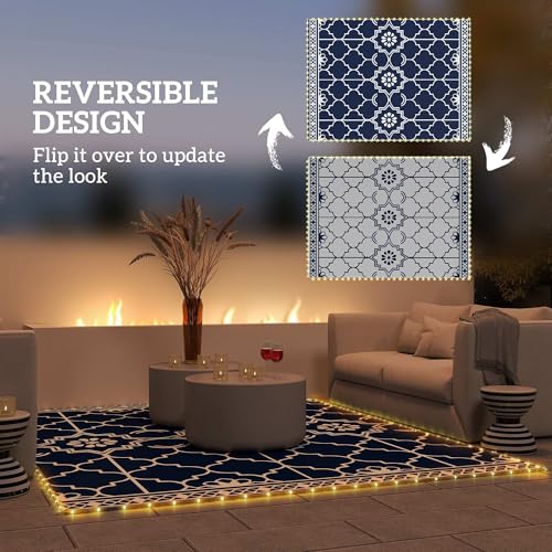 Outsunny Reversible Outdoor Rug Carpet with LED Lights, 12' x 9' PP Straw Rug, Portable RV Camping Mat with Carry Bag and Ground Stakes for Backyard, Deck, Picnic, Beach, Dark Blue and White