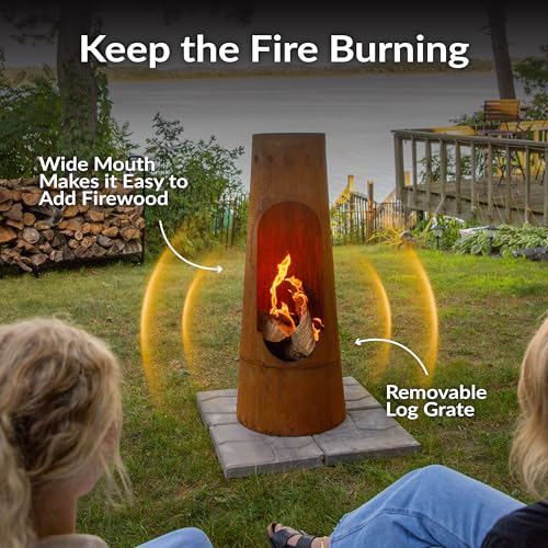 Sunnydaze Santa Fe 50-Inch Chiminea Outdoor Fire Pit - Wood-Burning Chiminea Outdoor Fireplace with Wood Grate - Rustic Patina Finish