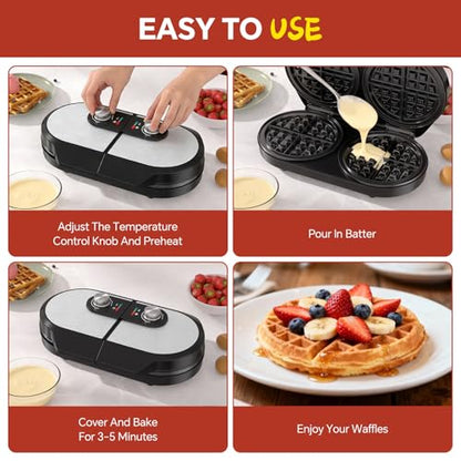 Double Waffle Maker, 6.5" Dual Waffle Iron, 1200W Belgian Waffle Maker with Nonstick Plates, 2 Independent 5-Level Adjustable Temp Knobs, Easy to Clean, Stainless Steel