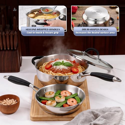E-far 10-Piece Stainless Steel Cookware Set - Induction Tri-Ply Base Pots and Pans, Non-Toxic Kitchen Cooking Set w/Stay-Cool Handle, Frying Pans, Saucepans, Stockpot with lid, Oven & Dishwasher Safe