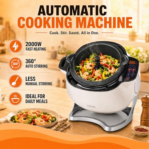 2000w Commercial Food Processor,Automatic Cooking Machine,360° Automatic Stir Fry Pot,6l Non-Stick Drum Wok,Glass Lid,Dual Handles,Auto-Stirring,For Fried Rice,Soup,Home Kitchen