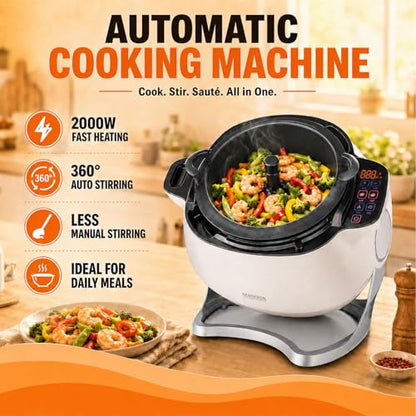 2000w Commercial Food Processor,Automatic Cooking Machine,360° Automatic Stir Fry Pot,6l Non-Stick Drum Wok,Glass Lid,Dual Handles,Auto-Stirring,For Fried Rice,Soup,Home Kitchen